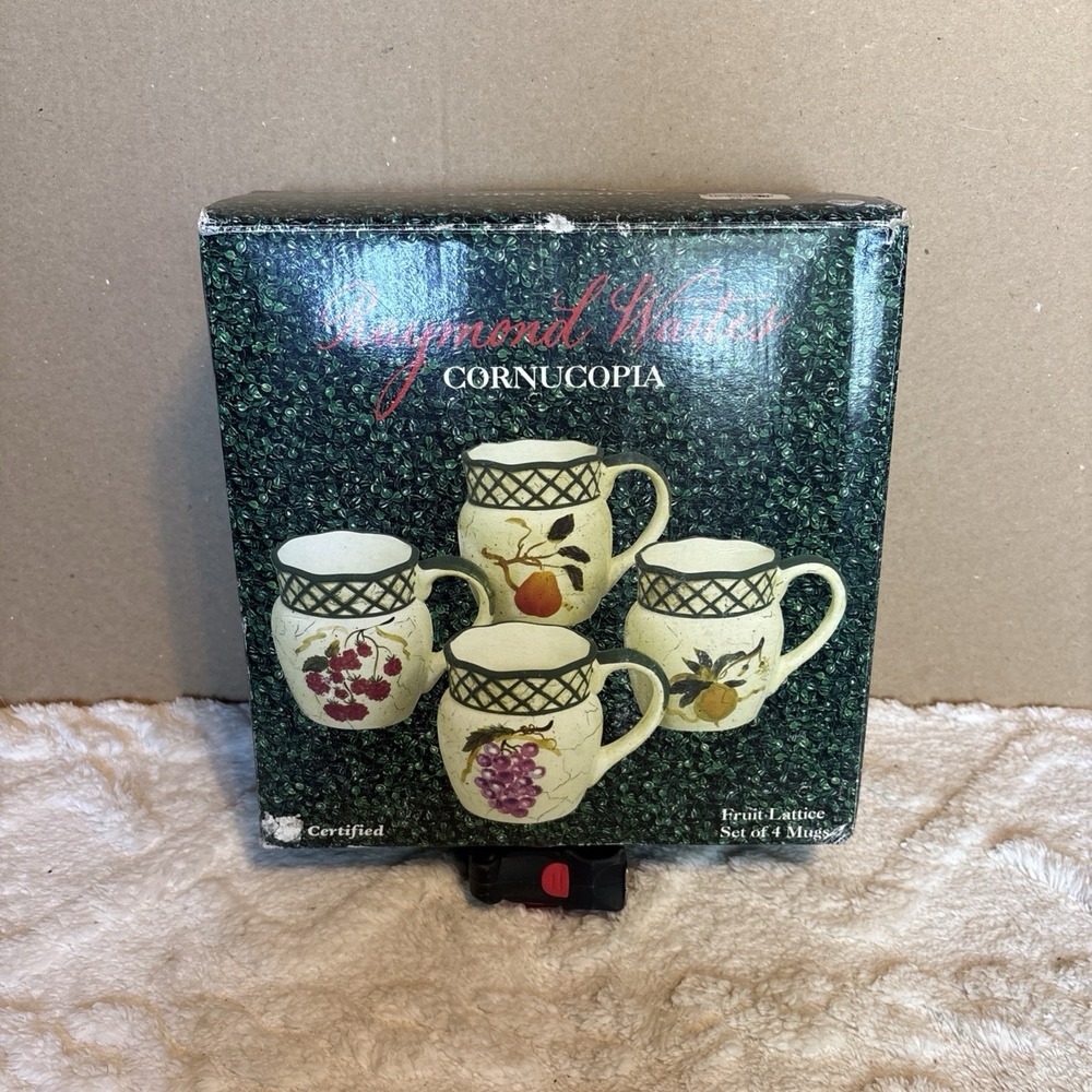 Set of 4 Raymond Waites Fruit Lattice Coffee Mugs Pear Raspberry Grapes Lime NIB